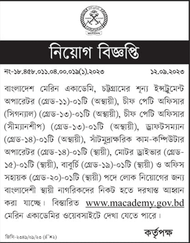 Bangladesh Marine Academy Job Circular