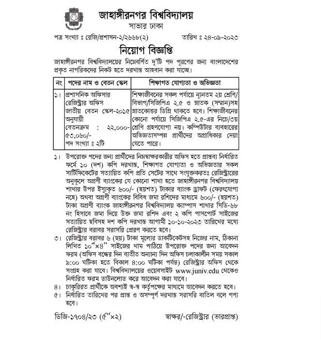 Jahangirnagar university Job Circular 2023